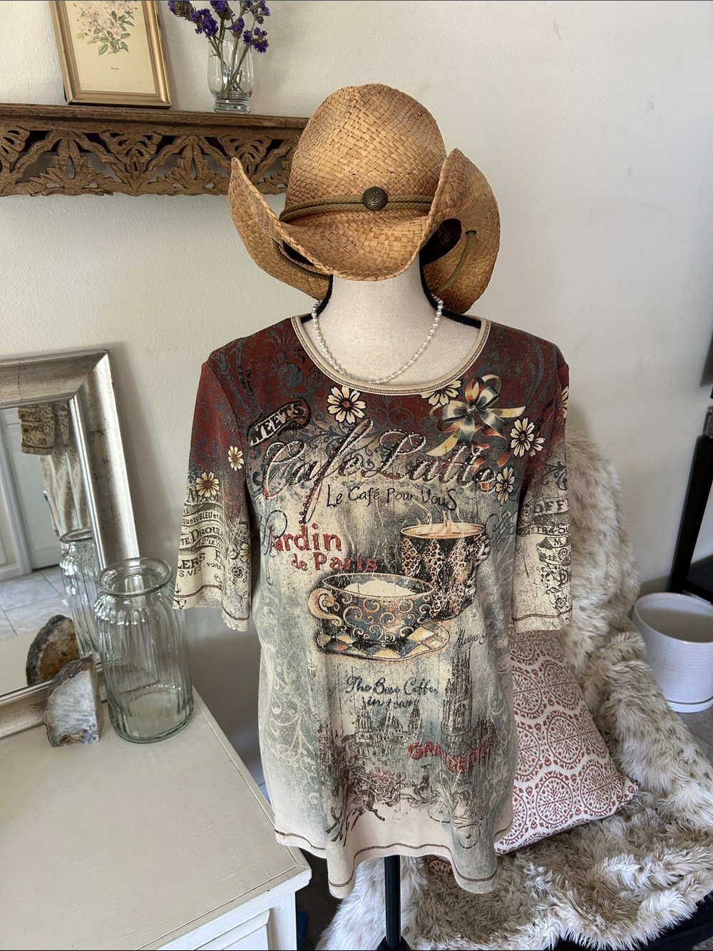 Blue Canyon clothing Y2K Café latte Paris graphic bedazzled, cotton top L